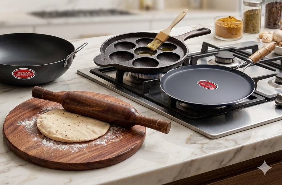 LUCKY cookware on a warm stone surface